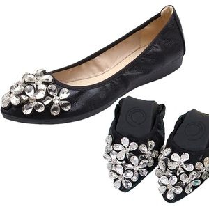 GUANSITU Black Velvety Shiny Beeded Pointed Toe Ballet Flats Women’s EU40 US9